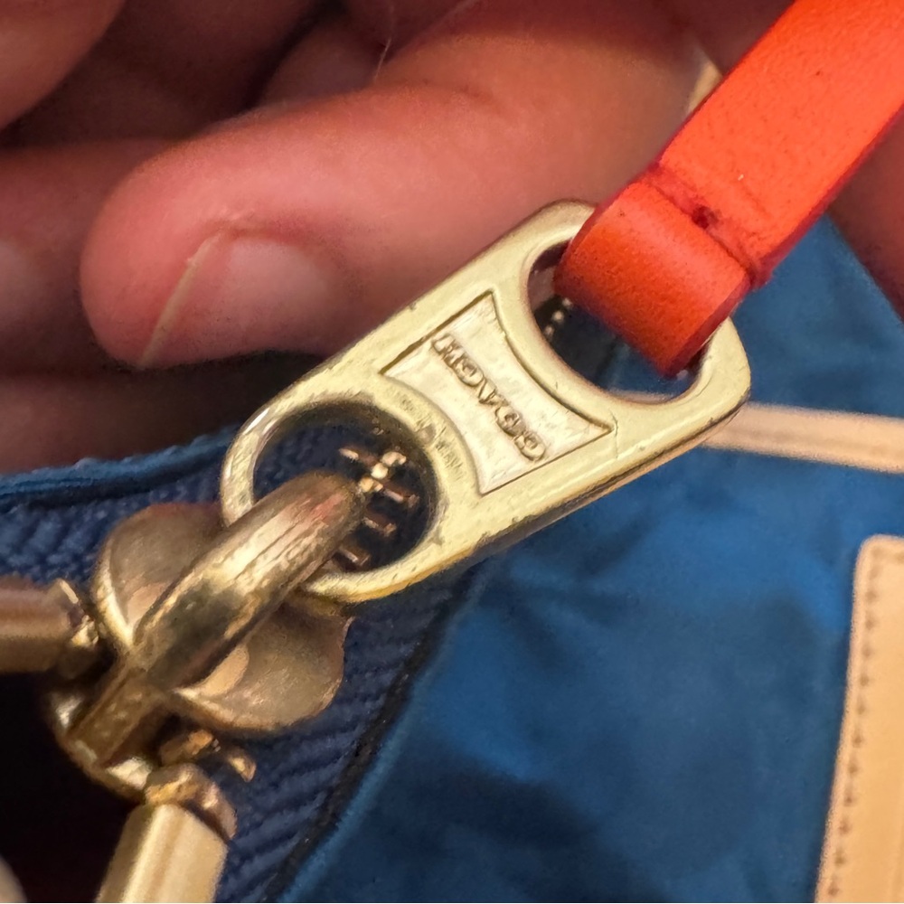 Coach Legacy Signature Nylon Tote Blue Leather Trim Zip Top Shoulder Bag - Picture 5 of 9